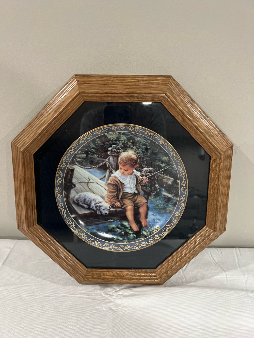 Octagonal Framed Plate Art Featuring Boy Fishing - Brown